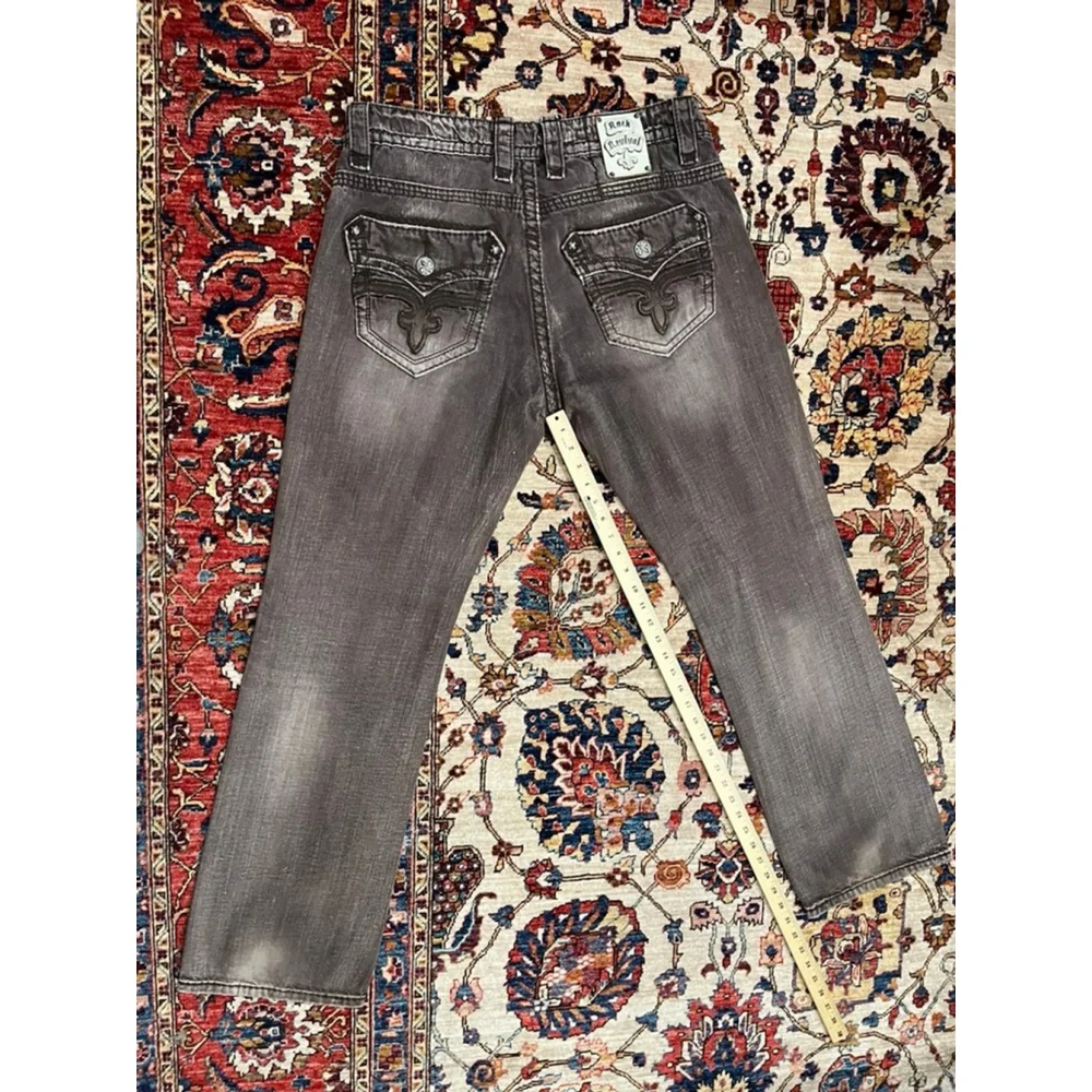 Rock Revival Dan Straight Men’s Jeans Size 36 Brown Distressed Contrast Stitchin